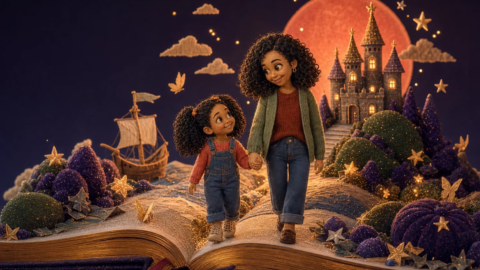 A mother and daughter discovering a magical miniature world rising from an open storybook