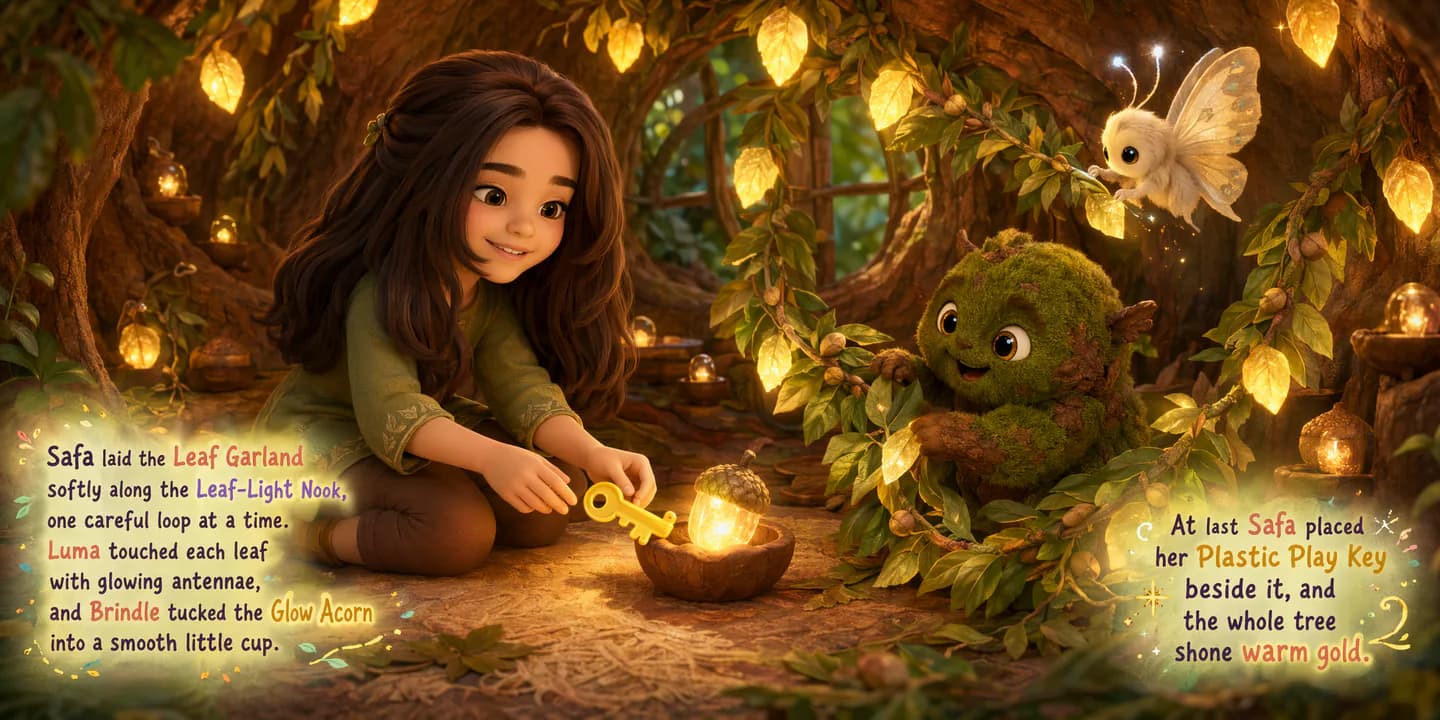 A personalised character sharing a glowing discovery with magical woodland creatures