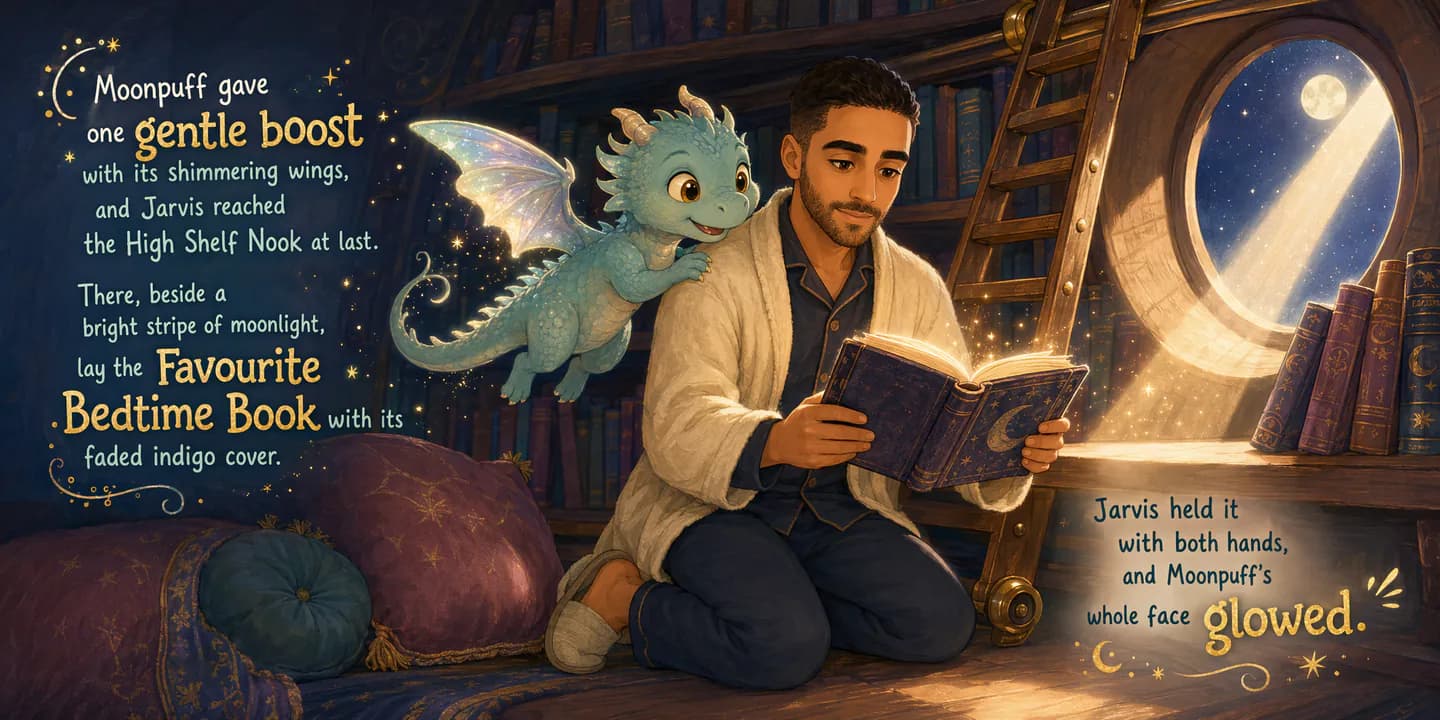 A personalised character reading beside a tiny dragon in a moonlit library