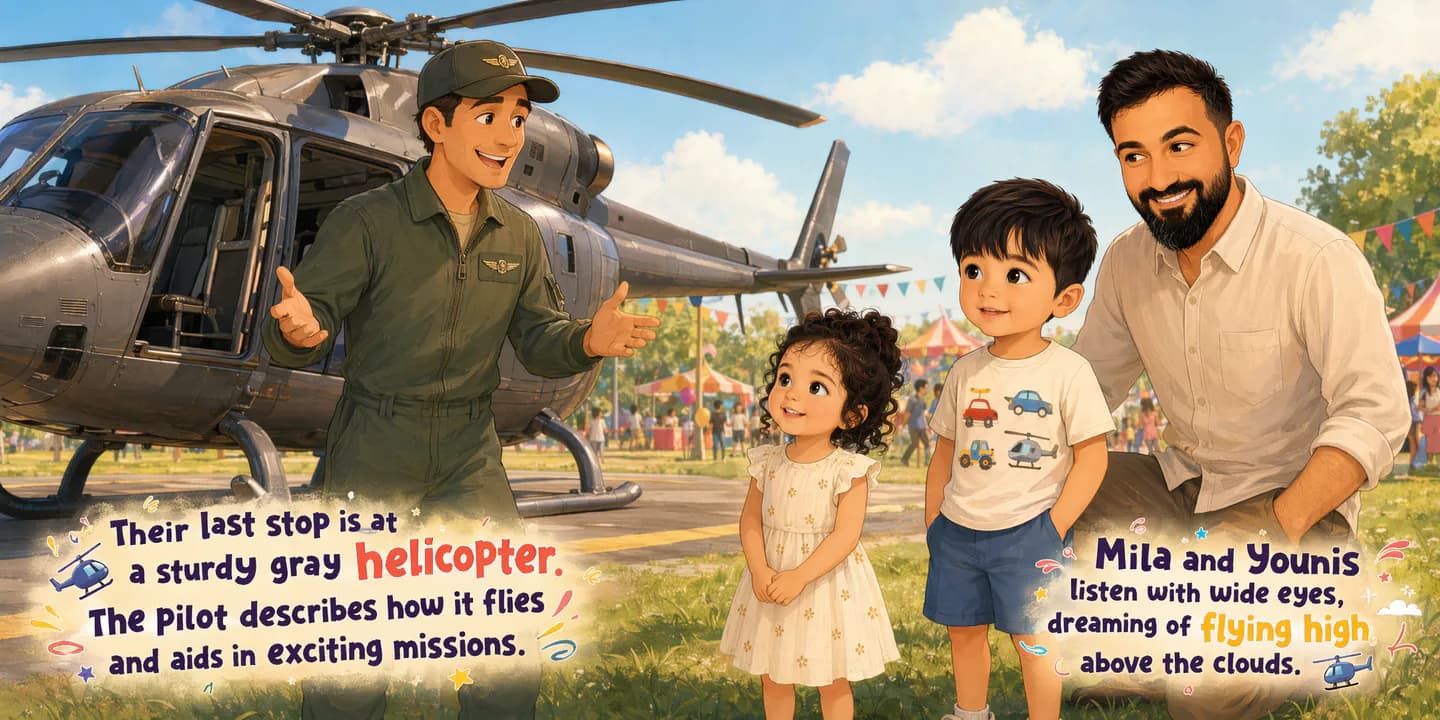 A family meeting a helicopter pilot at a colourful transport festival
