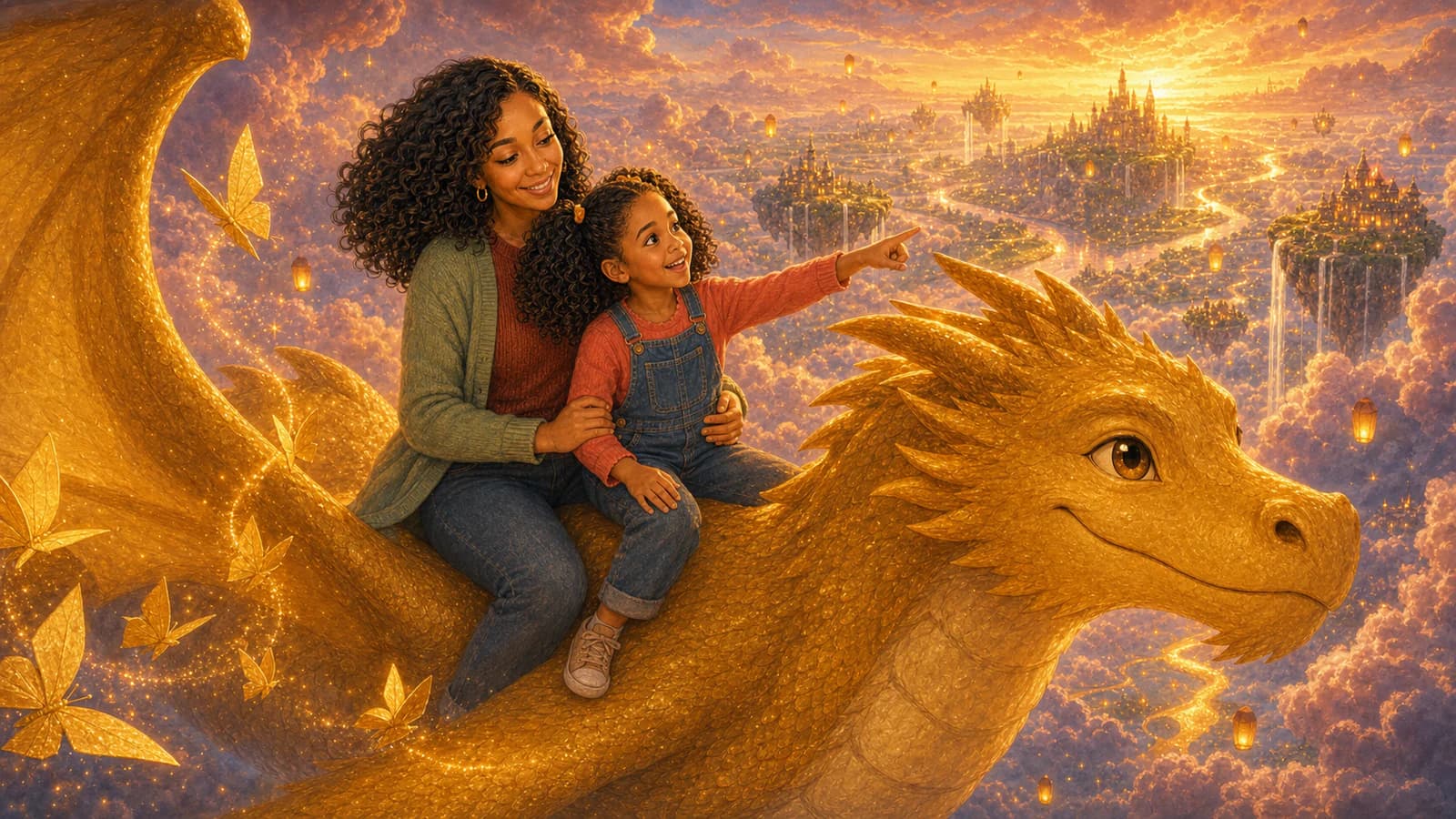 A mother and daughter flying together on a golden dragon in their personalised story