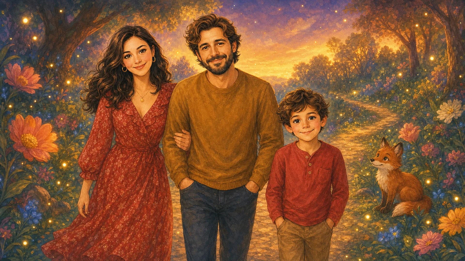 Full spread illustrated family storybook scene