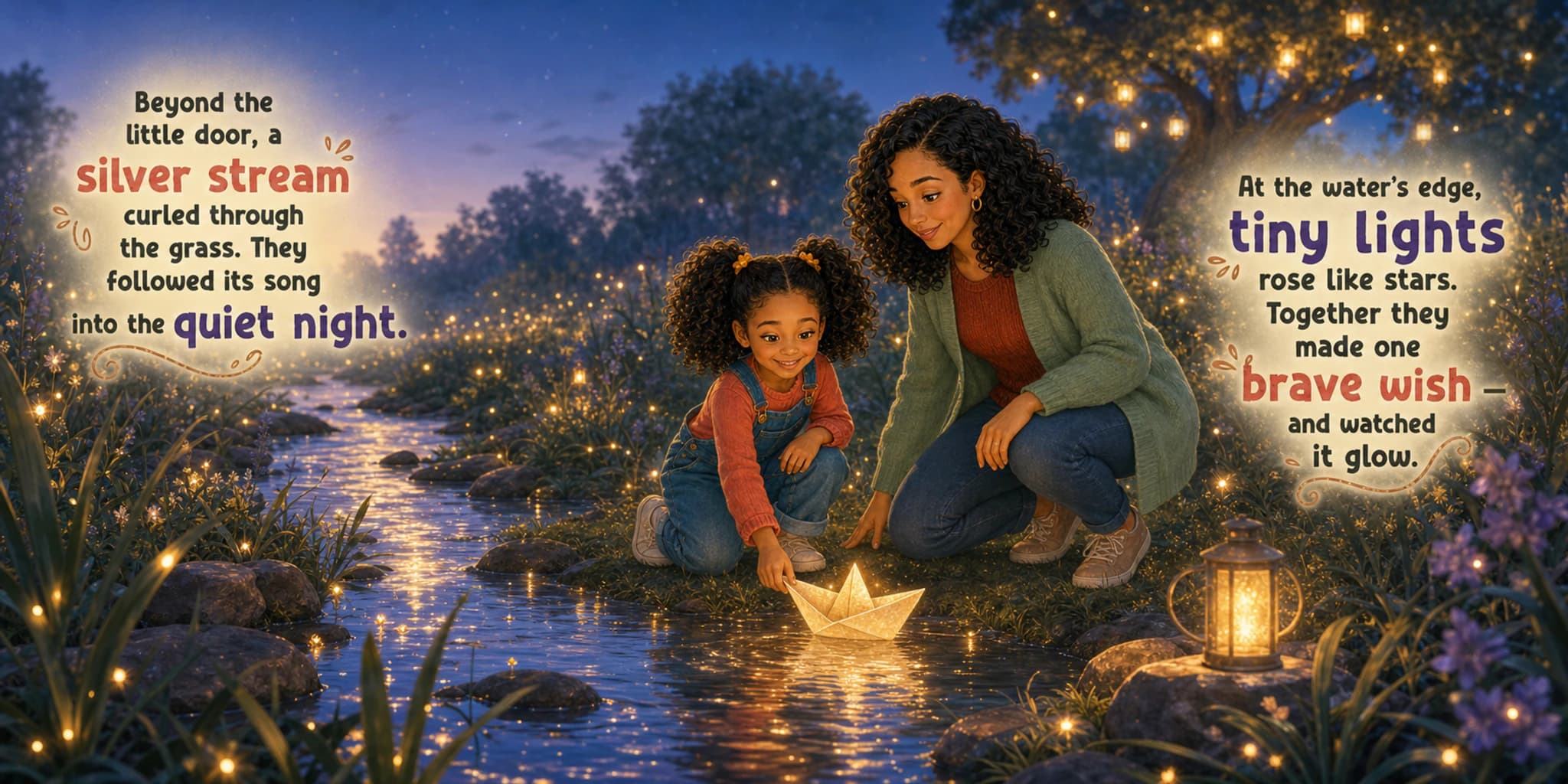 A second complete Tiny Stories full-spread interior showing the same personalised family characters beside a glowing stream with story text embedded in the artwork