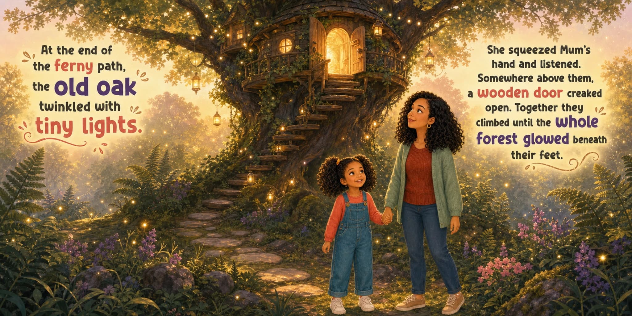 A complete Tiny Stories full-spread interior showing two personalised family characters in a glowing woodland scene with story text embedded in the artwork