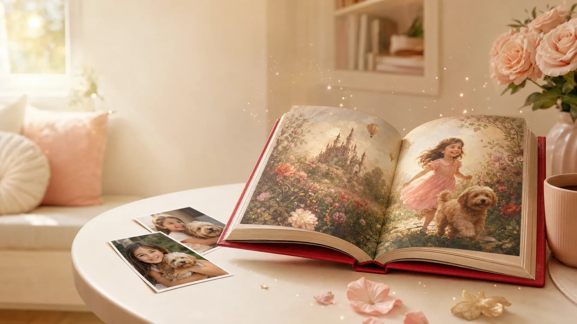 Open red Tiny Stories storybook with portrait photos transforming into magical illustrated pages