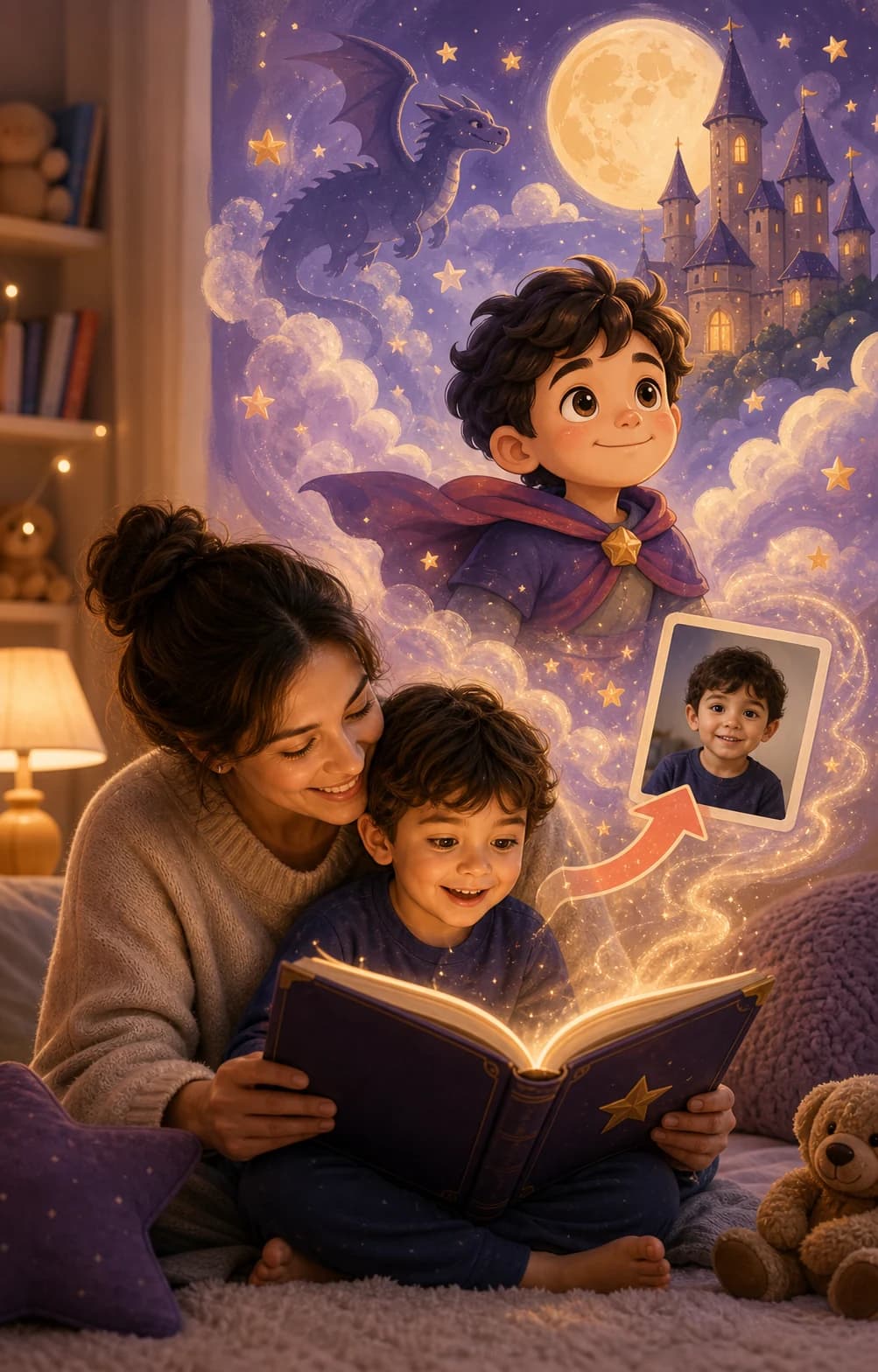 Child reading a personalised AI picture book created from uploaded photos
