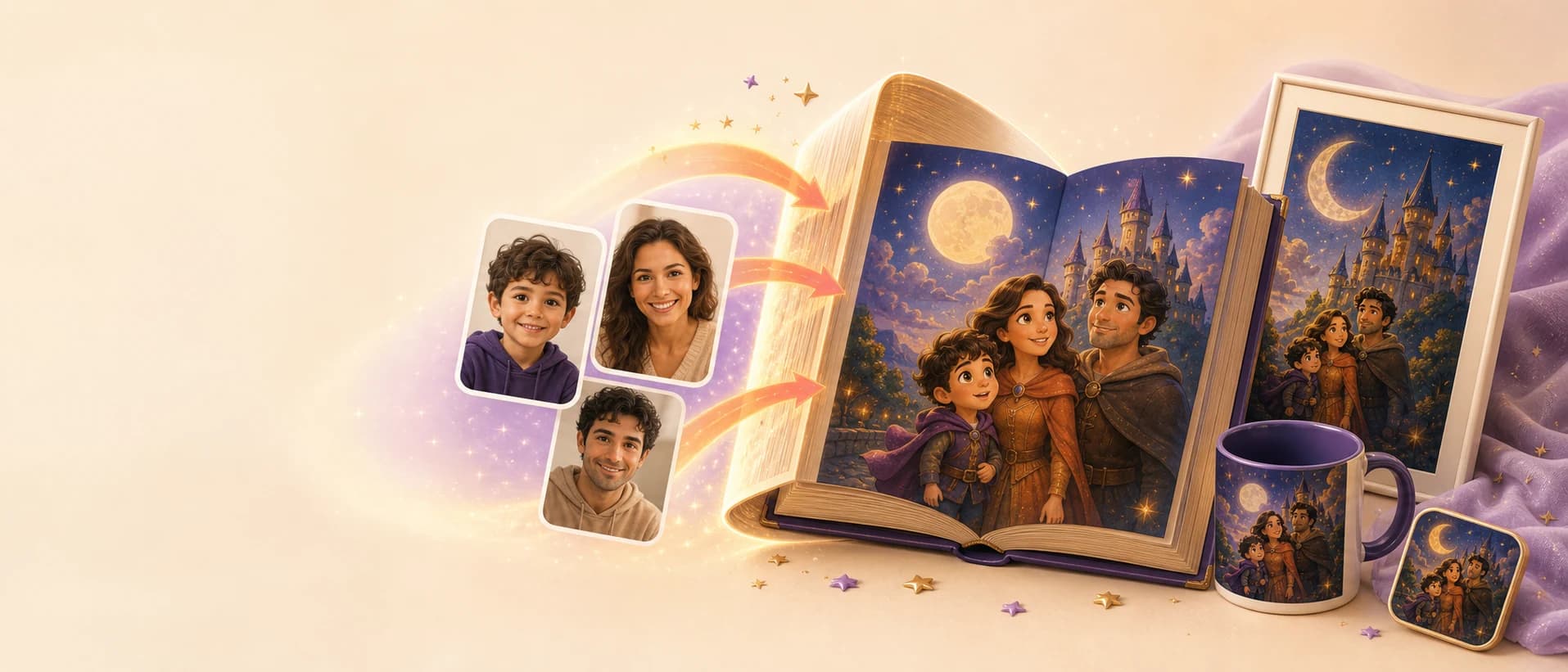 Uploaded family photo cards becoming a personalised printed children’s book