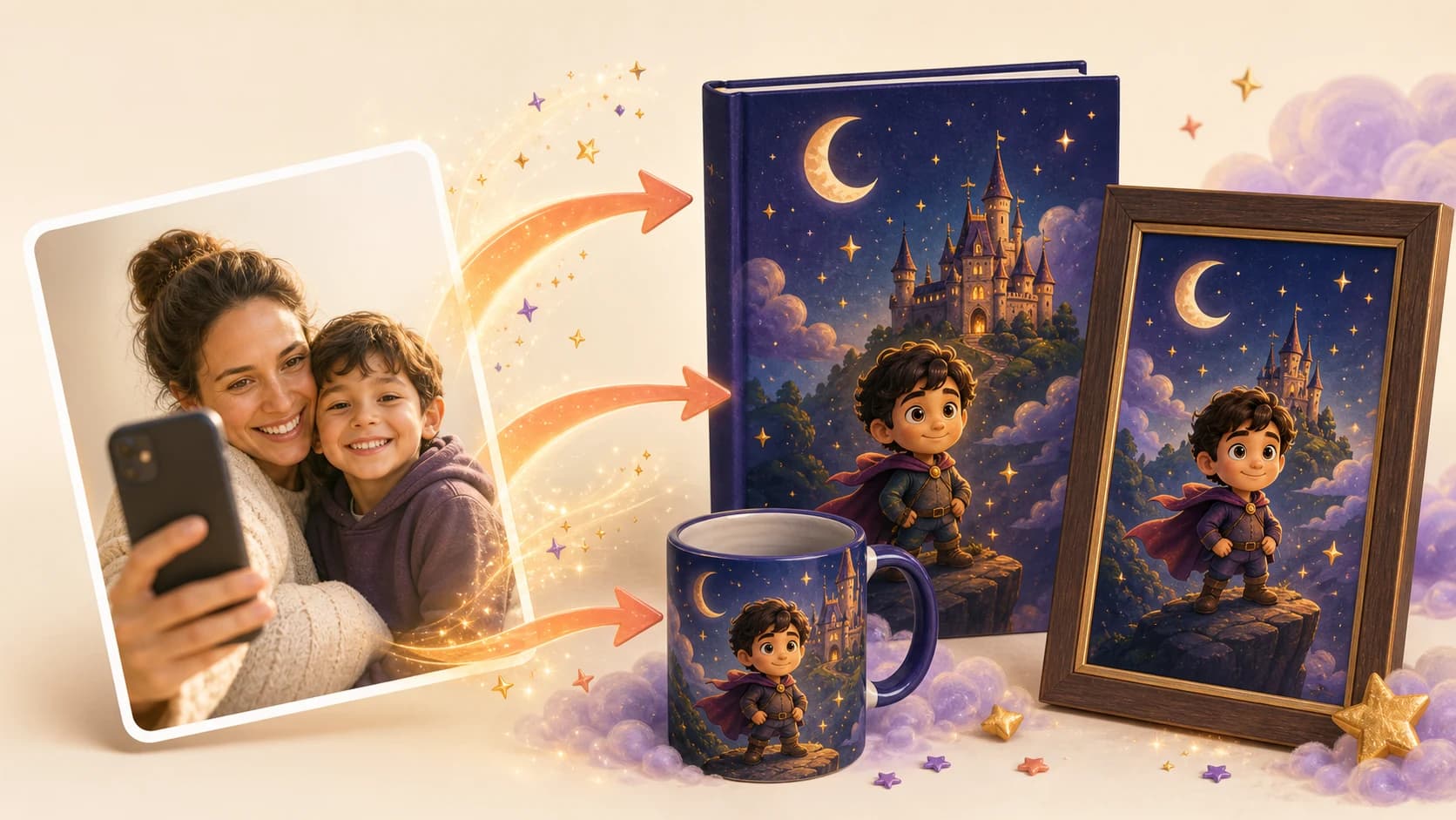 Family photos becoming personalized kids book characters and printed gifts