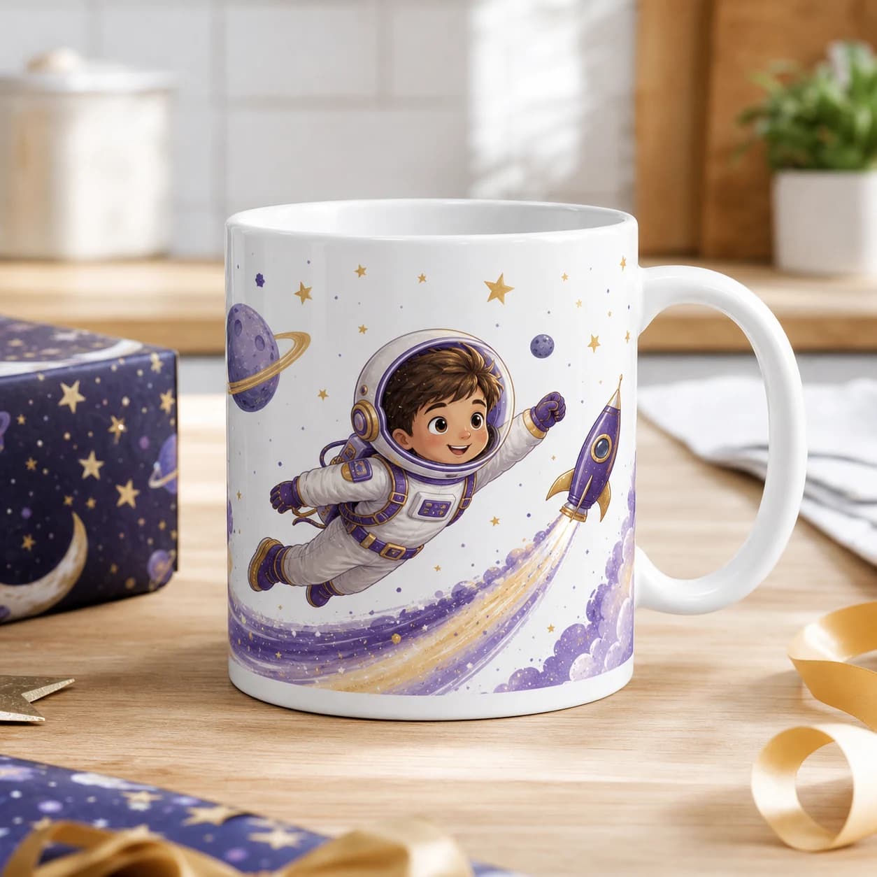 Personalised children's mug with space explorer character artwork