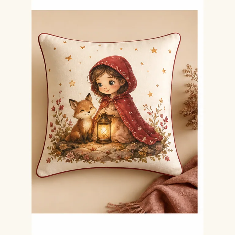 Personalised cushion product mockup with illustrated character artwork