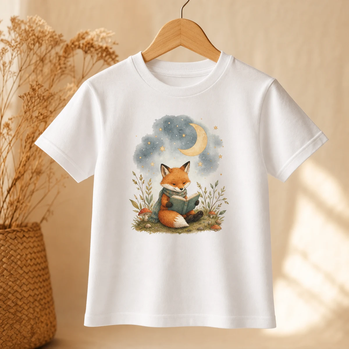White personalised children's T-shirt with whimsical storybook character artwork