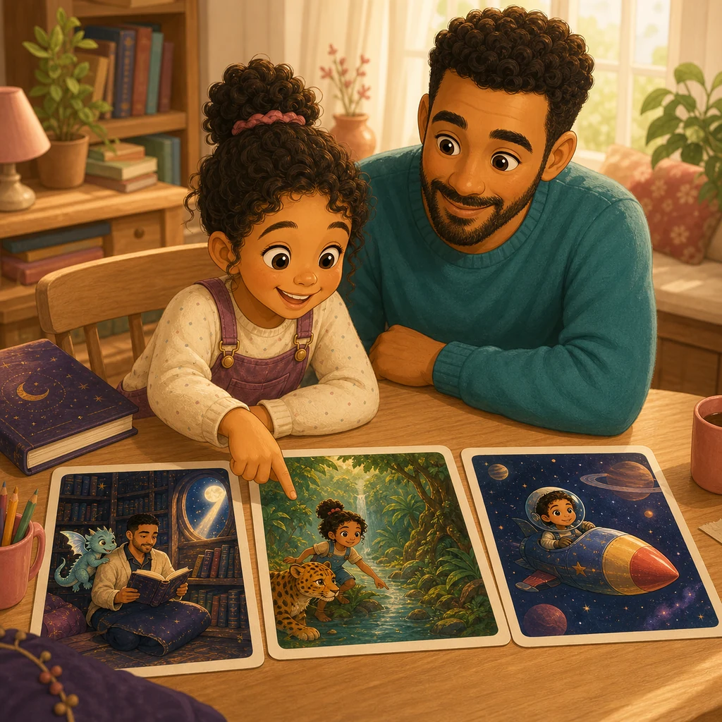 A parent and child choosing between three illustrated adventure ideas