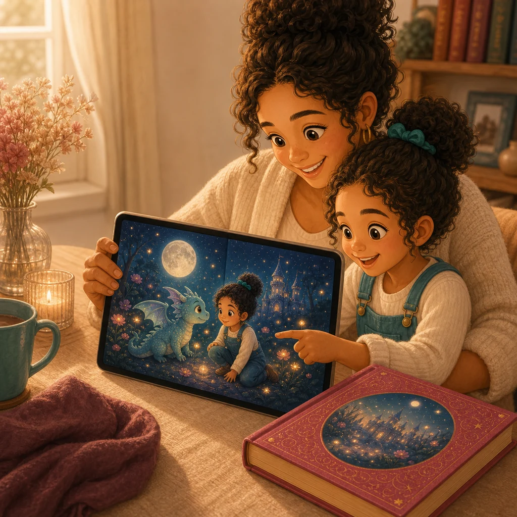 A parent and child reviewing their personalised story preview together